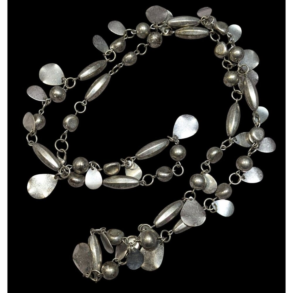 Abstract Metallic Bead Chain And Charm Necklace Silver Tone
